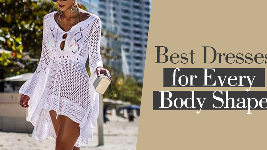 Elegant white dress, crochet design, "Best Dresses for Every Body Shape" text.