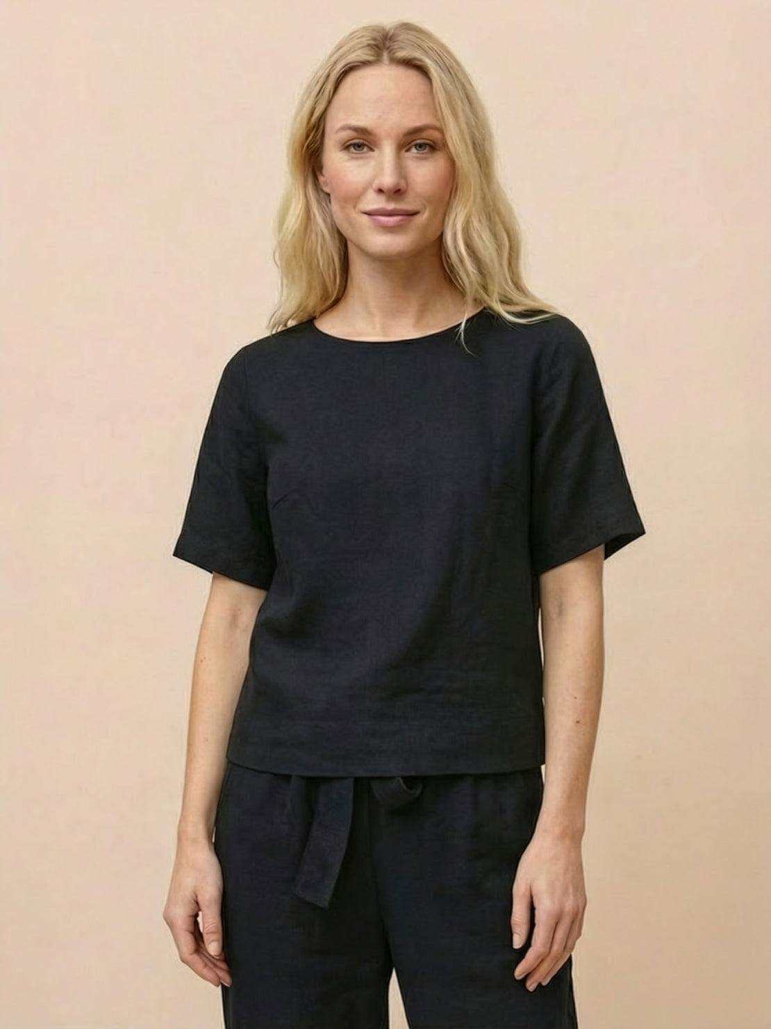 Cotton linen monochrome relaxed short-sleeve top with natural texture and breathable fabric
