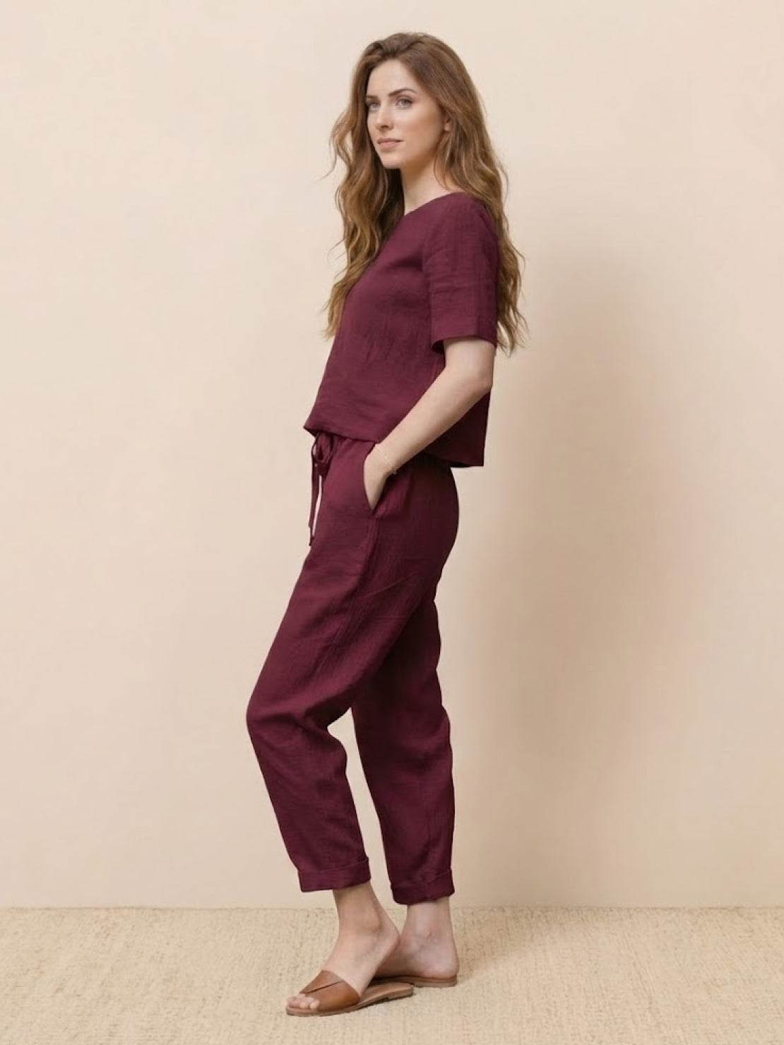 Women's 100% cotton linen set with relaxed monochrome two-piece design