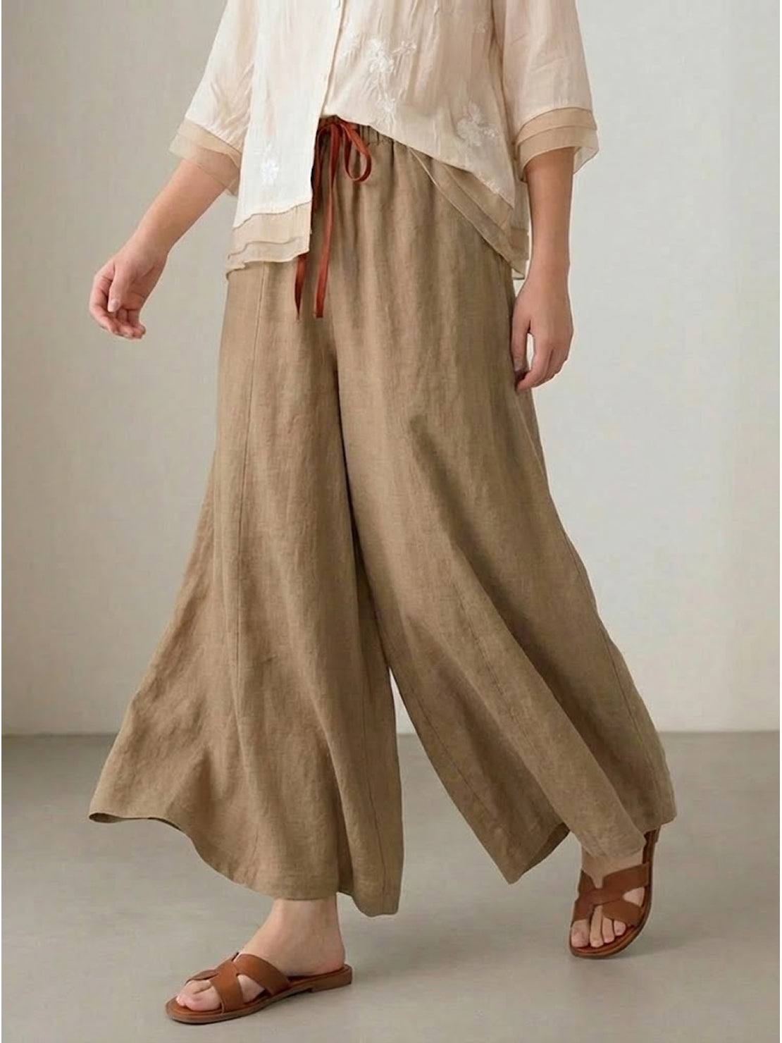 100% Cotton Linen Tuscany Rise 2 Piece Set with sheer embroidered top and wide-leg linen blend trousers on white background