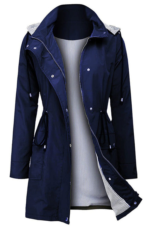 navy blue water resistant hooded striped windbreaker rain jacket for women with adjustable waist and multiple pockets