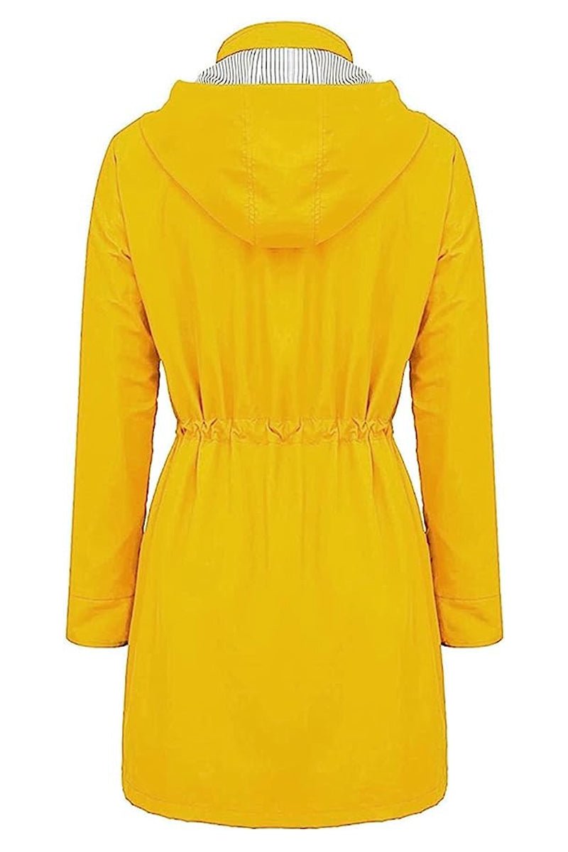 Yellow water resistant hooded striped windbreaker for women back view