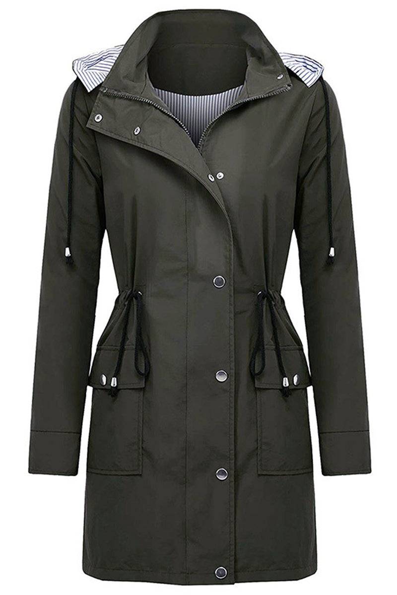 Women's long water resistant windbreaker jacket with hood and striped lining