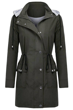 Women's long water resistant windbreaker jacket with hood and striped lining
