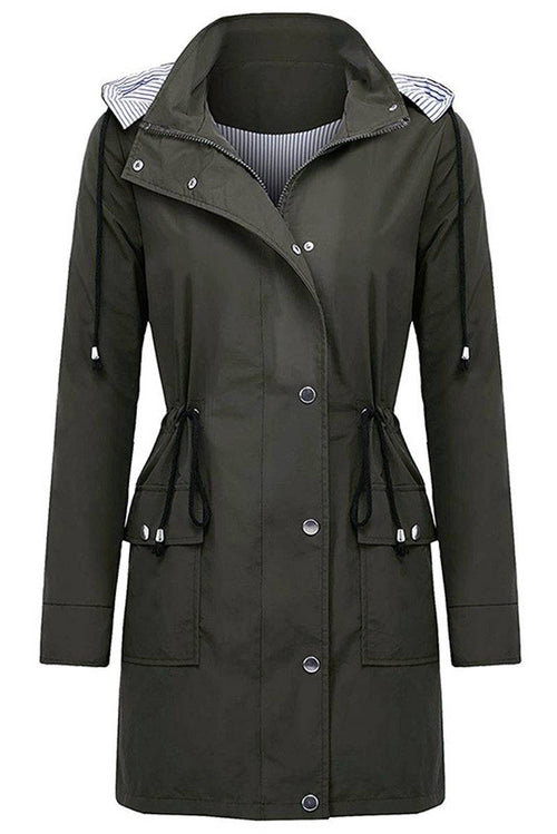 Women's long water resistant windbreaker jacket with hood and striped lining