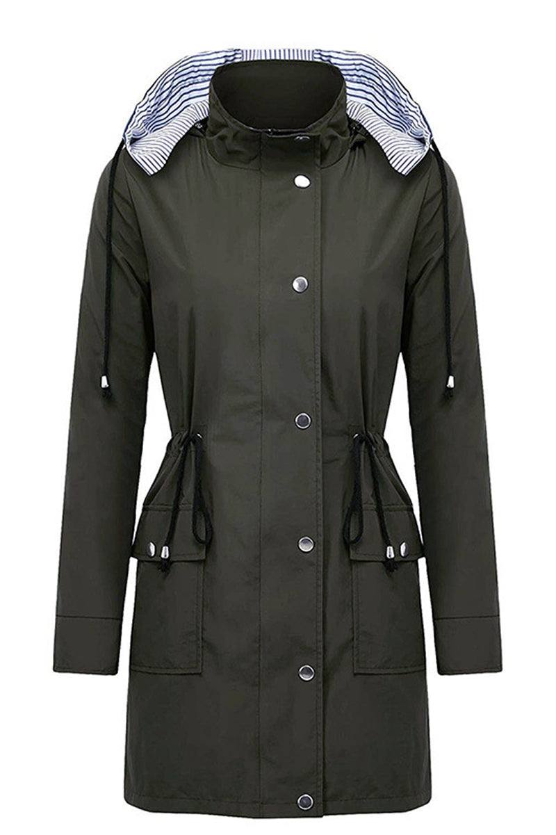 Women's water resistant hooded striped windbreaker rain jacket with oversized fit and multiple pockets