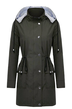 Women's water resistant hooded striped windbreaker rain jacket with oversized fit and multiple pockets