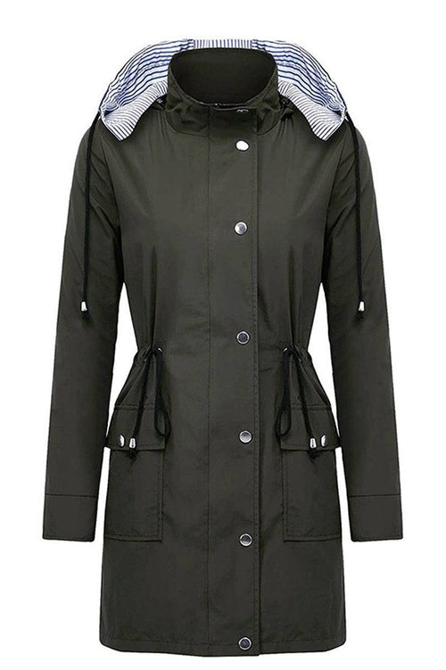 Women's water resistant hooded striped windbreaker rain jacket with oversized fit and multiple pockets