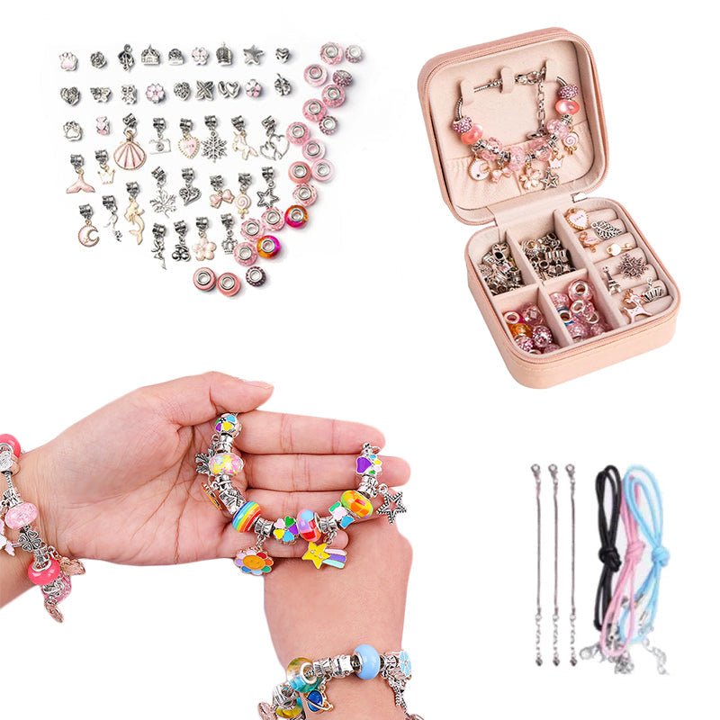 Kids bracelet-making kit with colorful beads, charms, and chains in a pink storage box, perfect for creative play and DIY jewelry crafting.