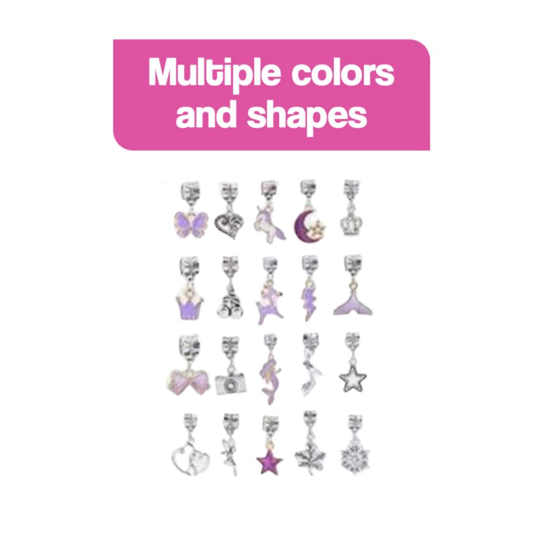 Multiple colorful and shaped metal charm pendants for kids bracelet-making kit