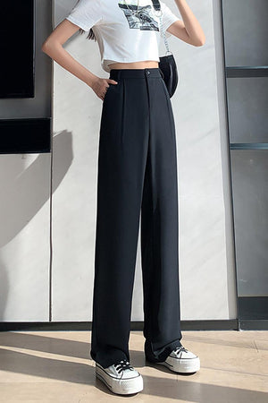 Casual loose wide-leg high-waisted black pants with straight fit and comfortable design
