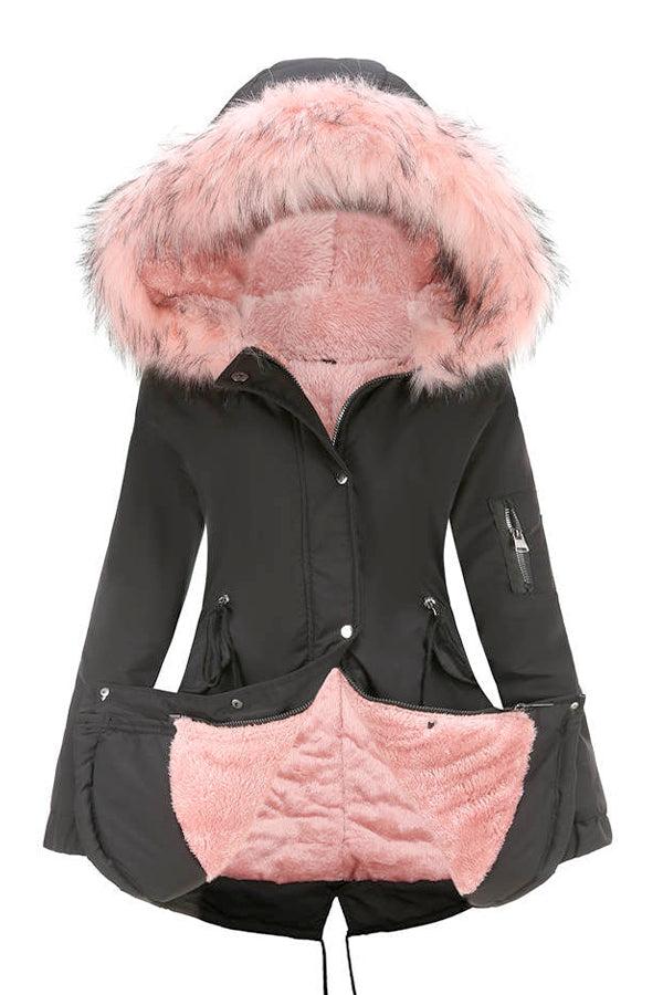 Black Fur Collar Fleece Coat with pink faux fur lining and hood, mid-length warm polyester fleece jacket with adjustable hem and sleeves