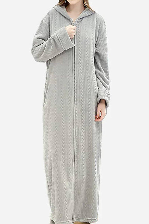 Stylish flannel nightgown with hood and zipper, soft thick fabric, cozy and warm design.