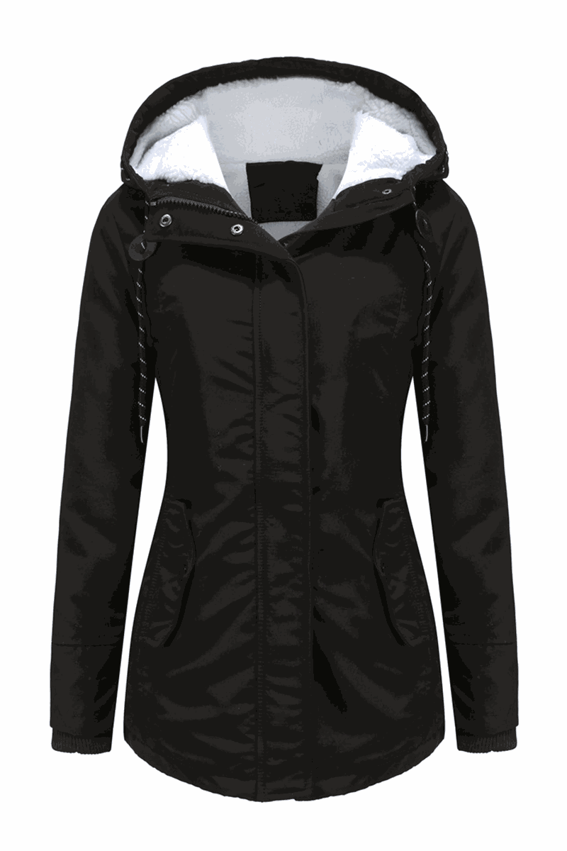 Black casual hooded velvet coat with adjustable rope, water-resistant surface, and hidden pockets.