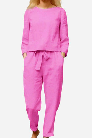 Retro monochrome linen two-piece set with long sleeves and tie-waist pants in pink