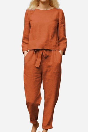 Retro monochrome linen two-piece set in breathable cotton linen blend with relaxed fit and long sleeves