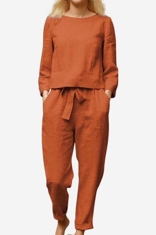 Retro monochrome linen two-piece set in breathable cotton linen blend with relaxed fit and long sleeves