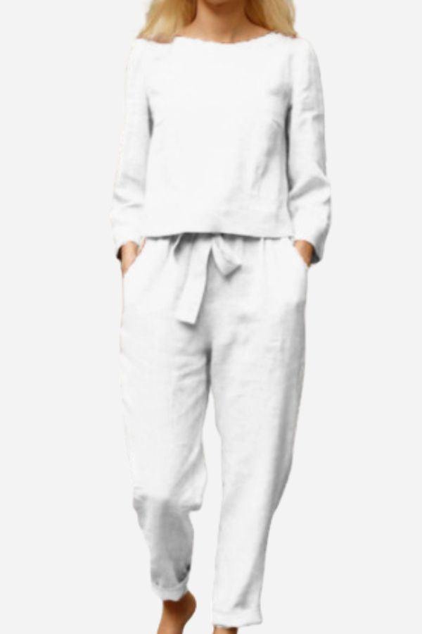 Retro monochrome linen two-piece set featuring breathable cotton linen fabric with a sleek design and comfortable fit.