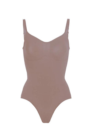 Seamless nude TummyToning Bodysuit with tummy control and adjustable straps for a smooth, toned silhouette