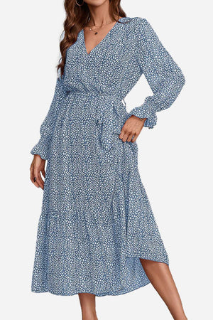 Blue floral Bloom Wrap Midi Dress with long trumpet sleeves and A-line silhouette