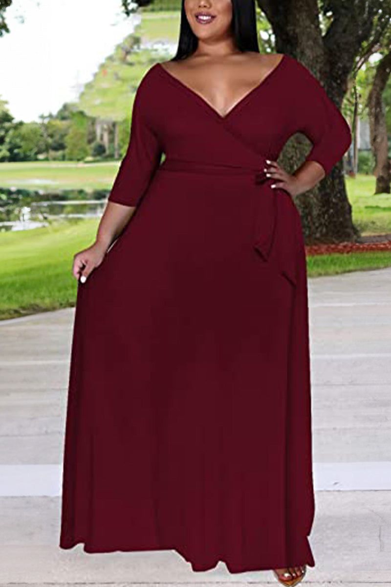 Elegant plus size dress with belt in deep V-neck and 3/4 sleeves, made from soft polyester-spandex fabric, perfect for various occasions.