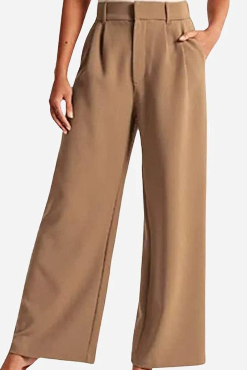 Classically Vogue Business Trousers in brown with high-waist elastic back and wide-leg tailored fit for comfortable, versatile office wear.