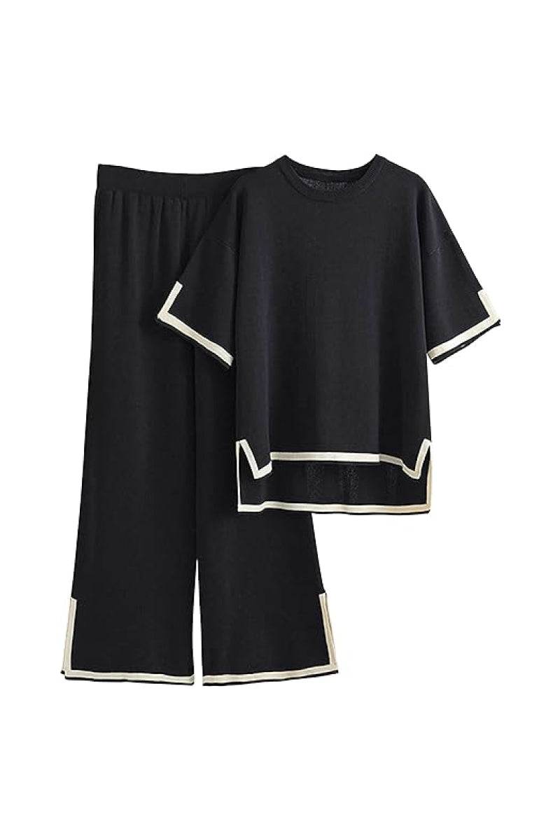 Short sleeved relaxed fit black lounge two-piece set with white trim detailing