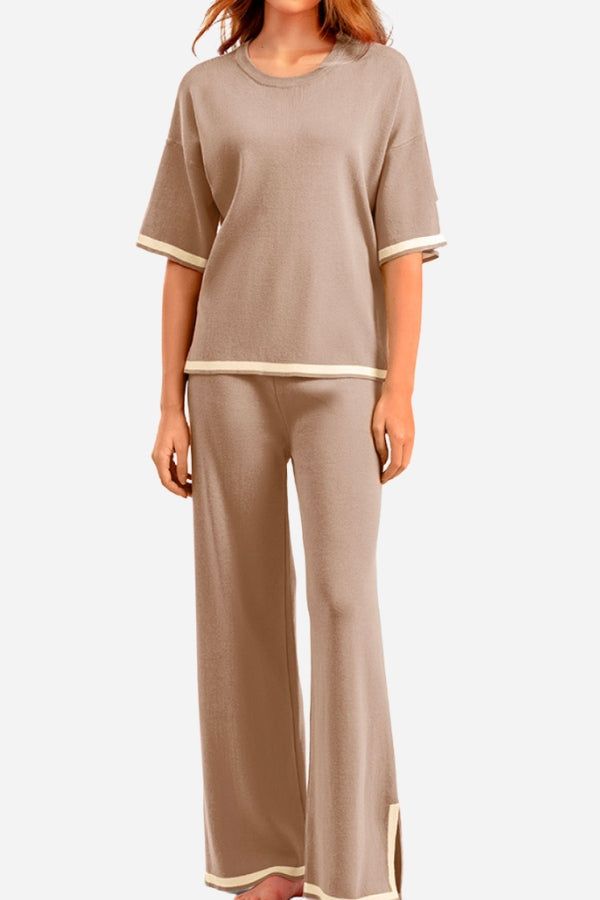 Short sleeved relaxed fit lounge two-piece set with beige knit top and wide-leg pants