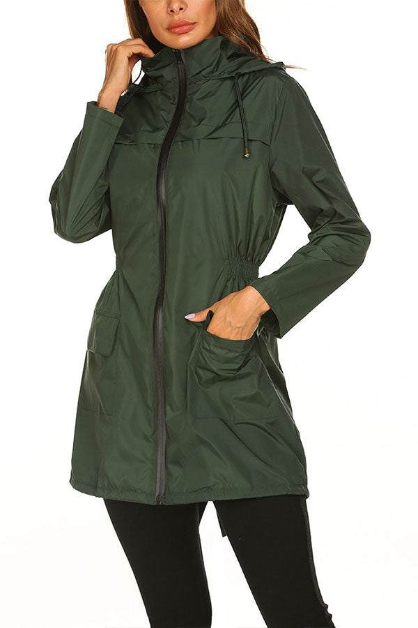 Outdoor and Travel Hooded Raincoat windbreaker jacket in green, lightweight and weather-resistant design with front zipper and pockets.