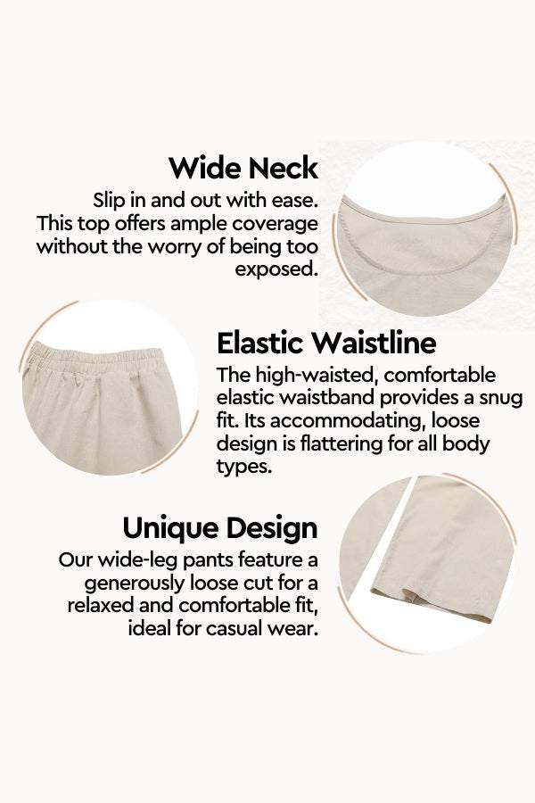 Loose solid color sleeveless two-piece set with wide neck, elastic waistband, and loose wide-leg pants design.