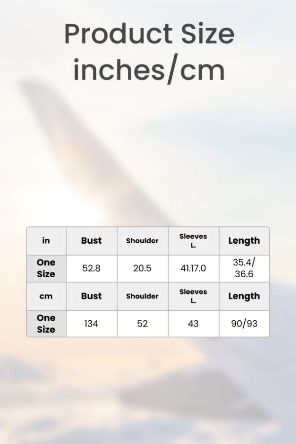 Size chart for Airy V-neck Tunic showing bust, shoulder, sleeves, and length measurements in inches and centimeters.