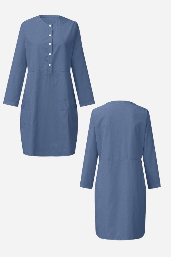 Blue cotton dress with half-button front, rolled ¾ sleeves, and knee-length design shown from front and back.