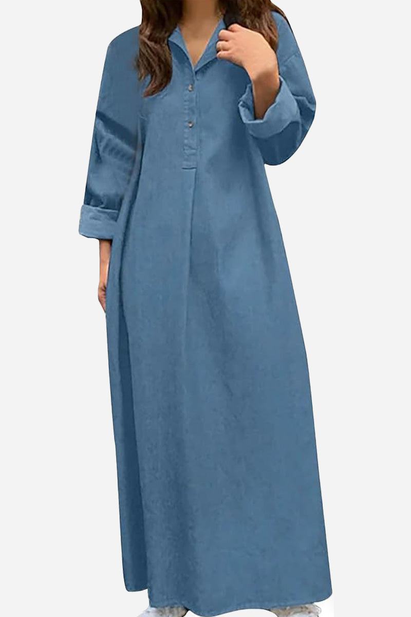 Blue body-balancing temperature-controlled Bohemian maxi dress with long sleeves and buttoned neckline