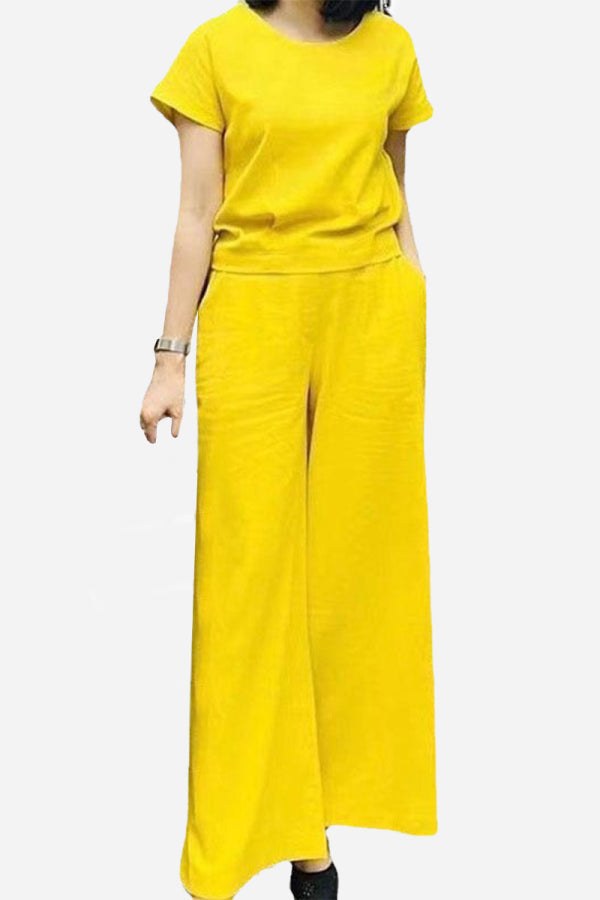 Yellow short-sleeved bell pants two-piece set with loose fit and wide leg pants