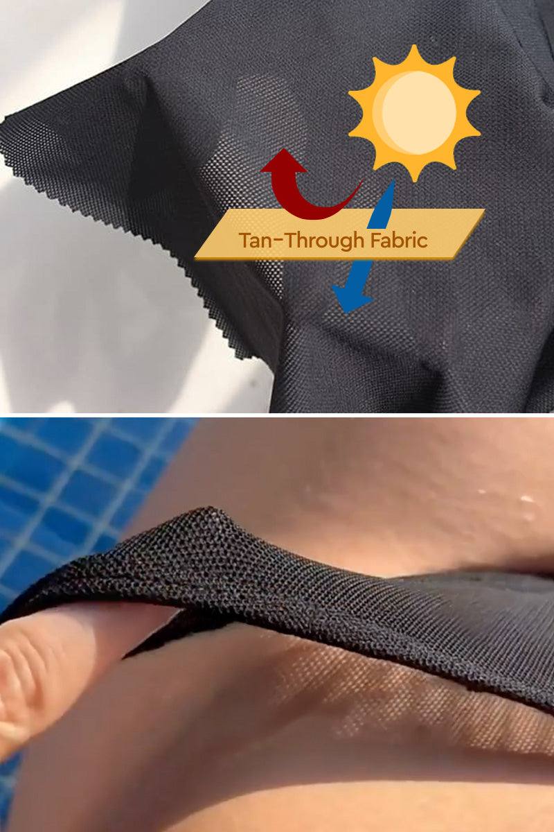 Close-up of black mesh tan-through fabric for one piece swimsuit showing UV protection and tan-through technology