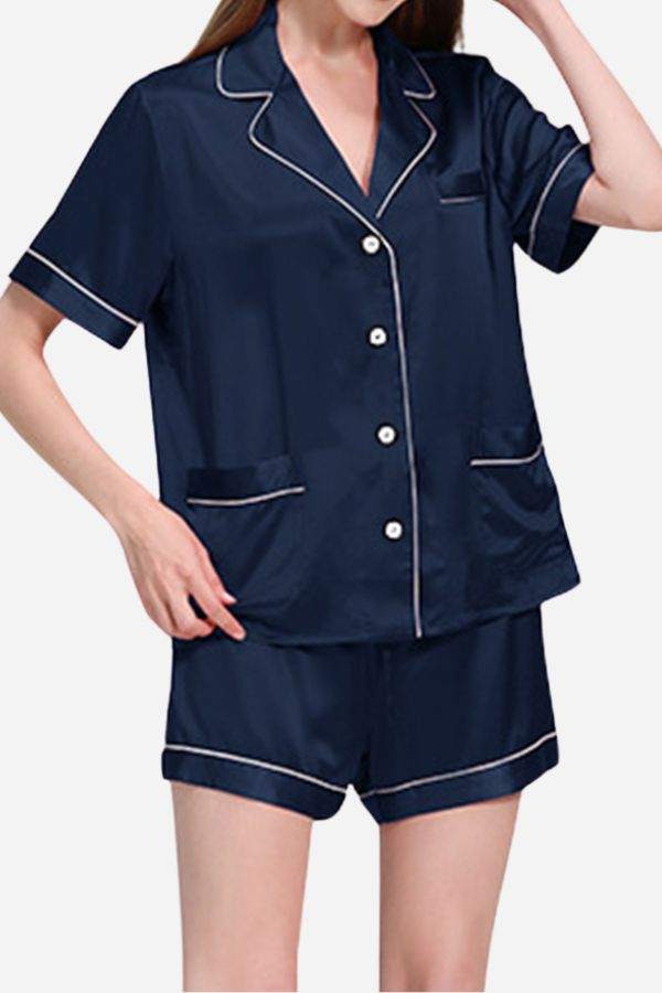 Navy Mulberry silk buttoned short set with white piping, lightweight and breathable nightwear for women