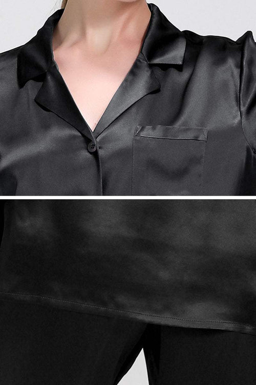 Black classic Mulberry Silk Pajama Set with button-down top and wide-leg pants