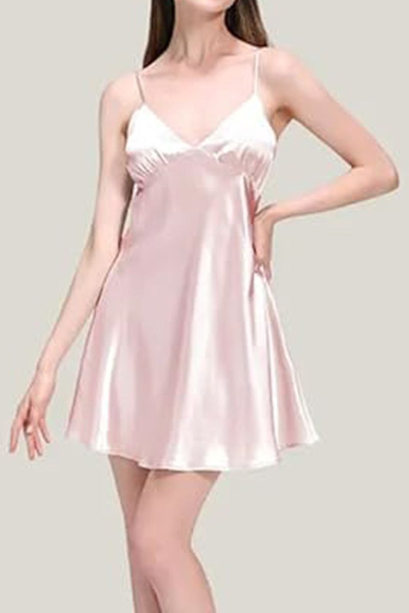 Light pink Mulberry Silk Nighty with thin straps, smooth and shiny satin finish, sleeveless nightdress for women