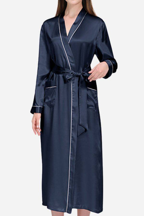 Mulberry Silk Nightgown with sash belt in navy blue satin, long sleeves, relaxed fit, breathable and soft sleepwear