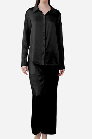 Black classic Mulberry silk sleepwear set with long-sleeve button-up top and full-length pants.