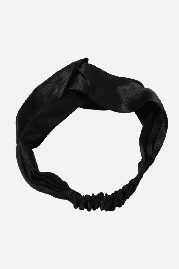 Black silk hairband made from 100% premium silk, lightweight and gentle on hair to prevent breakage and frizz.