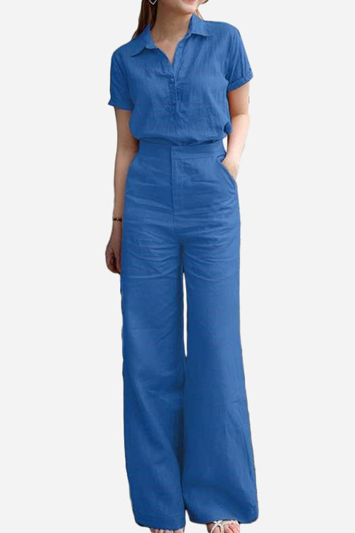 Blue linen-look set with short sleeve collared top and wide-leg pants for comfortable stylish loungewear