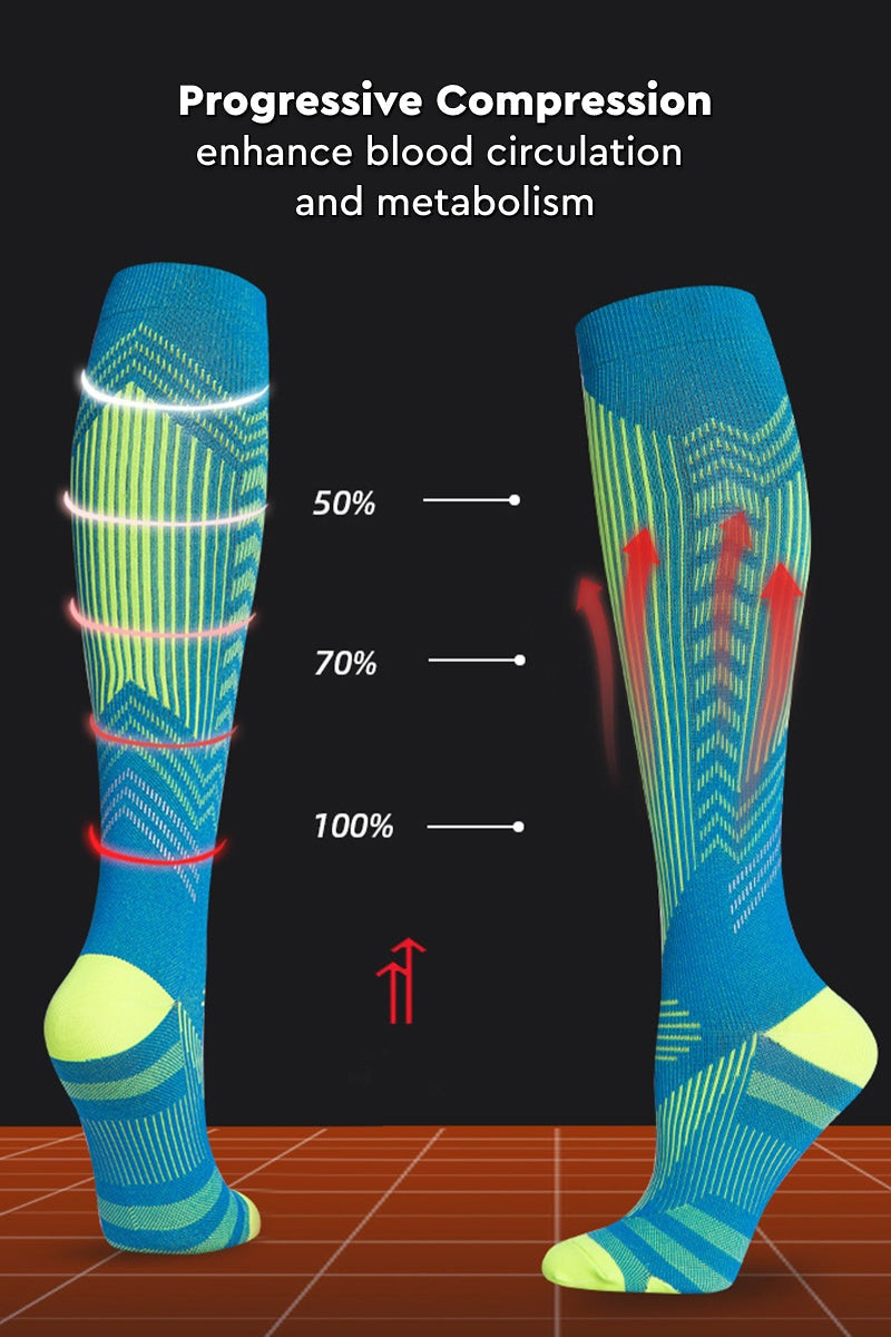 Blue and green premium compression socks with progressive compression zones for enhanced blood circulation and metabolism