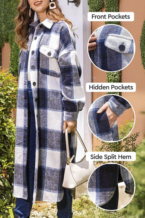 Women wearing oversized medium-length blue plaid overshirt with front and hidden pockets and side split hem outdoors