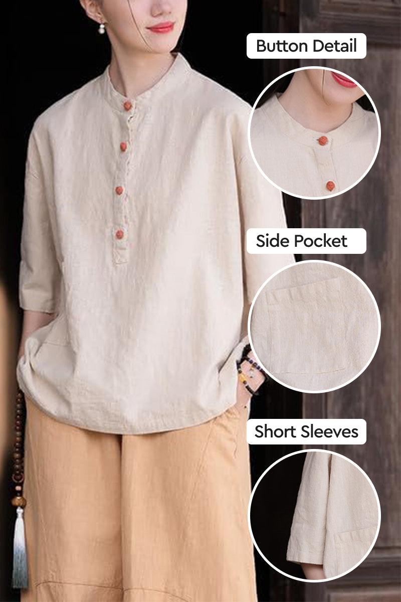 One size ramie linen and cotton shirt with button details, side pocket, and short sleeves, breathable and relaxed fit.
