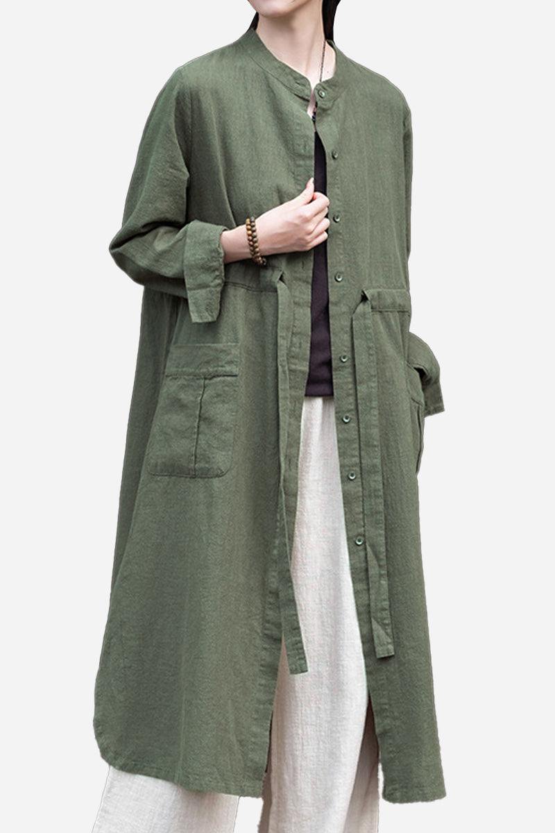 Oversized casual loose ramie linen cardigan in olive green with front pockets and button closure