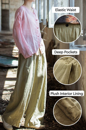 Sandwashed Ramie Linen Pants with elastic waist, deep pockets, and plush interior lining in relaxed fit.