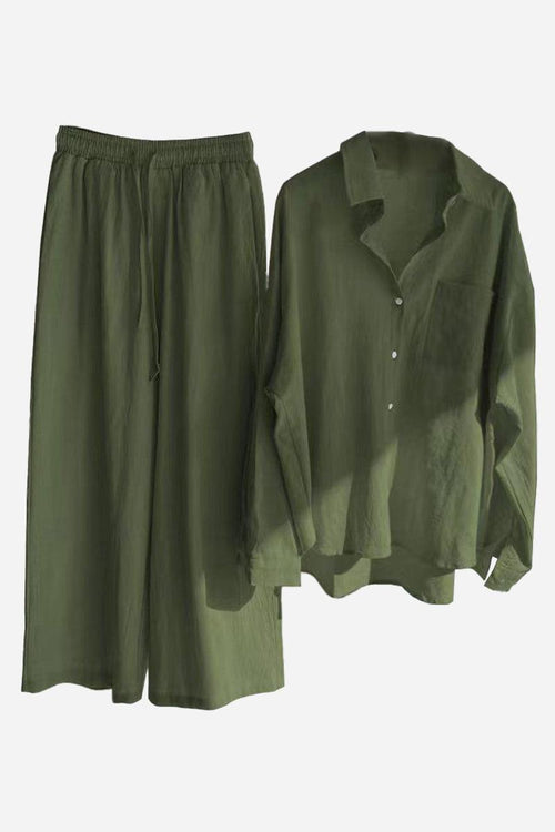 Olive green cotton-linen two-piece set with relaxed shirt and wide-leg pants.