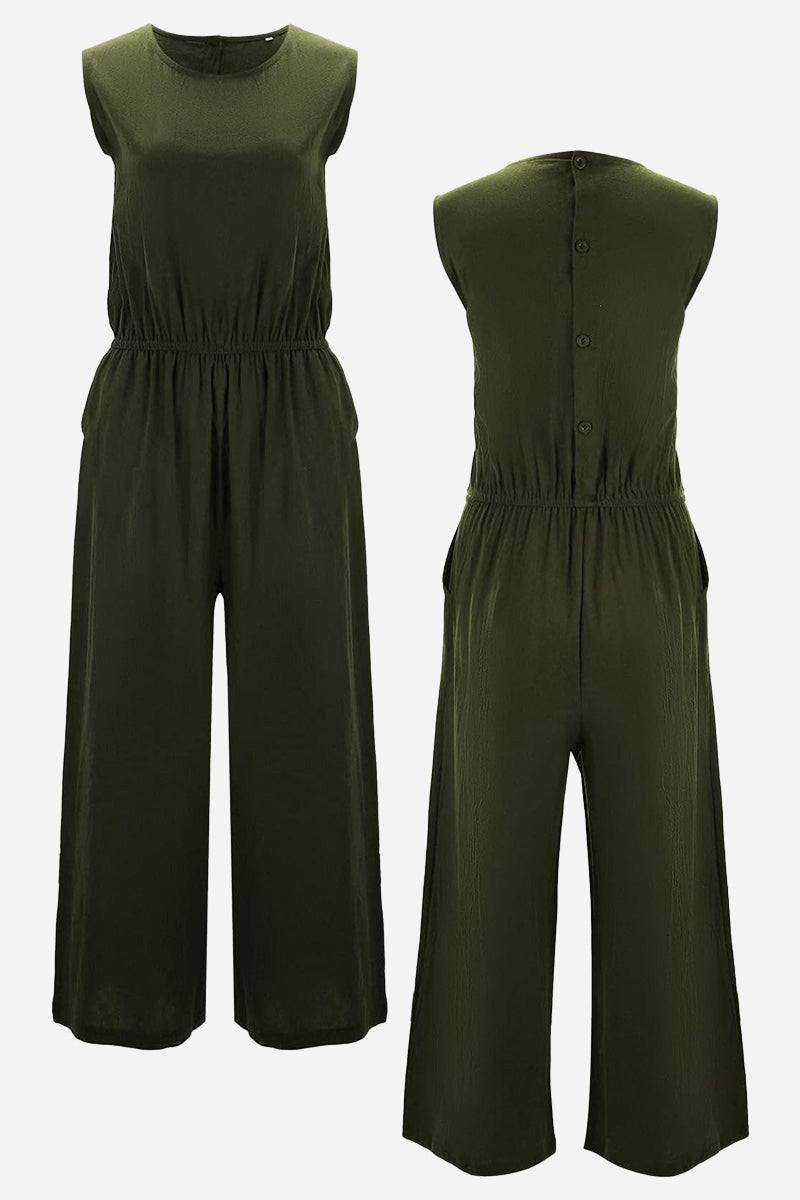 Pure Cotton minimal confidence two-piece set sleeveless olive green jumpsuit with elastic waist and button back closure.