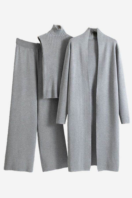 One size fits all premium grey three-piece collection with cardigan, sleeveless top, and wide-leg pants in soft viscose-polyester blend fabric